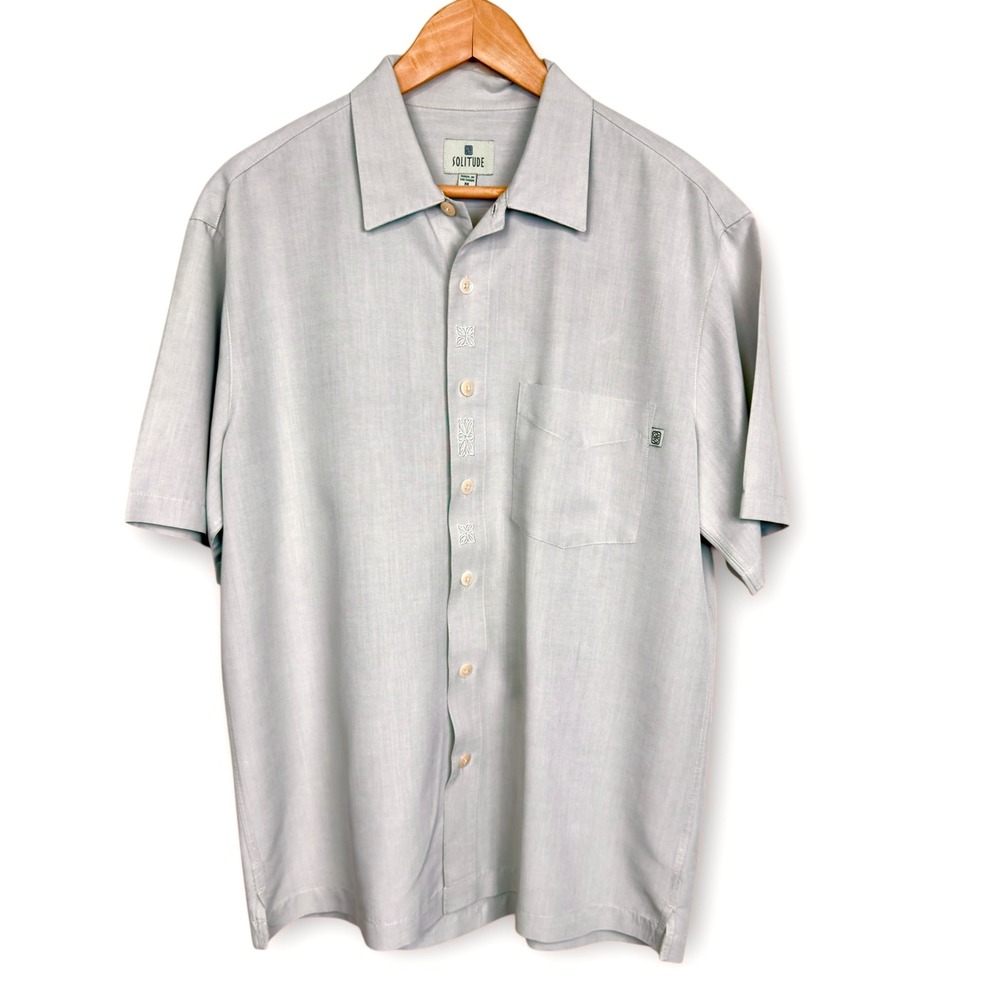 Solitude Camp Shirt Mens Medium Light Blue Excellent Modal‎ Rayon Embroidered